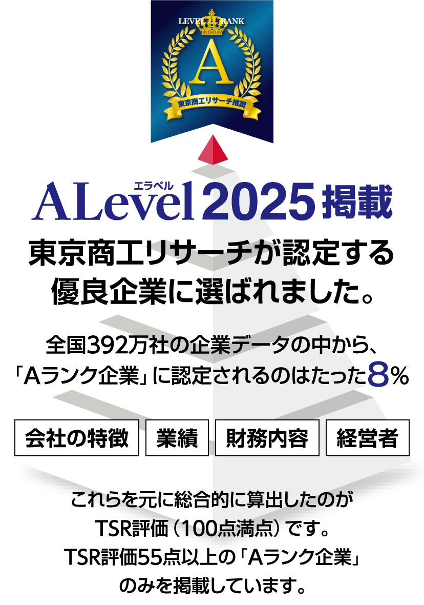 東京商工リサーチが認定する優良企業に選ばれ、ALevel2025に掲載されました。